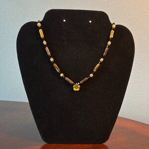 Handmade Beaded Necklace - Delicate Natural Stone & Gold Flower